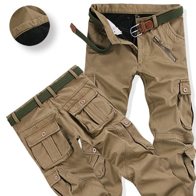 Mens Winter Pants Thick Warm Cargo Pants Casual Fleece Pockets Fur Trouser Plus Size 38 40 Fashion Loose Baggy Joger Worker Male